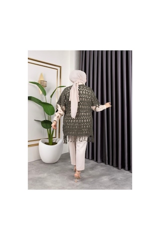 Hira Life Fashion Kadın Mevsimlik Saçaklı Ve Ajurlu Pamuk Triko Hırka Haki Haki