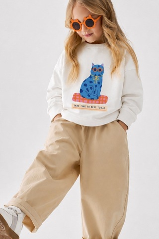 Monila Kız Çocuk 3 İplik Kumaş Pamuklu Mavi Kedi Baskılı Sweatshirt Ekru