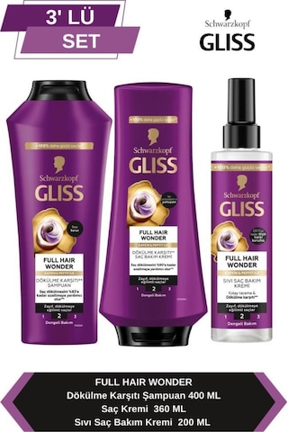 Gliss Full Hair Wonder Dökülme Karşıtı Şampuan 400ml + Saç Kremi 360ml + Sıvı Saç Kremi 200 Ml set-hnkl-5225-6367 Tüm Saçlar