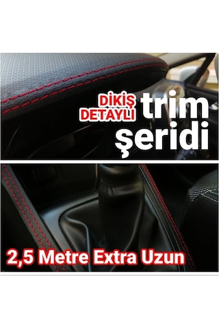 Araç Içi Kırmızı Dikiş Detaylı Kendinden Yapışkanlı Deri Trim Şerit 2,5 Metre