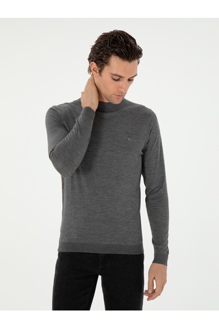Cacharel Gri Slim Fit Kaşmir İpek Karışımlı Çeyrek Balıkçı Yaka Triko Kazak