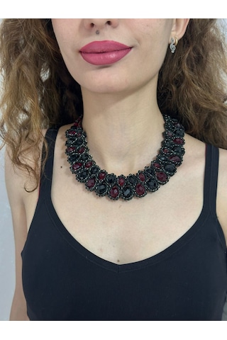 Bordo Kristal Boncuklu Tasarım Kadın Kolye 22 Cm Renkli