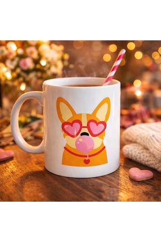 Sevimli Corgi Desenli Porselen Kupa Model 44 Kalpli Gözlüklü Köpek Tasarımlı, Eğlenceli & Hediye Fikri Diğer