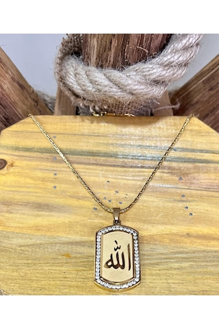 Gns Aksesuar Zirkon Taşlı Allah Yazılı Gold Renk Çelik Kolye
