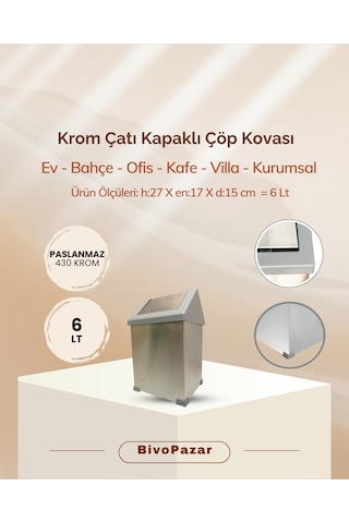 Krom Sallanır Çatı Kapaklı Çöp Kovası 6 Lt