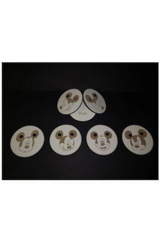 Ahşap Bardak Altlığı Miki Mouse Dekoratif Silinebilir 6'lı Set Beyaz