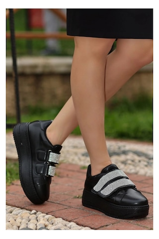 Siyah Renk Cilt Deri Cırtlı Detaylı Kadın Günlük Ayakkabı Tarzjxr Siyah