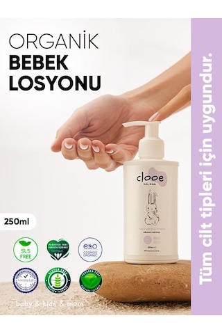 Clooe Organik Bebek Losyonu 250 ML Argan Yağı - Zeytinyağı - Huş - Gül Suyu - Yenidoğan Kullanımına Uygun