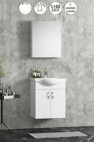 Yıldız Asma 50 Cm Beyaz Mdf Seramik Lavabolu Banyo Dolabı Takımı Beyaz