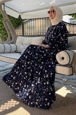 Rabia Şamlı Bihter Mavi Yapraklı Elbise Normal