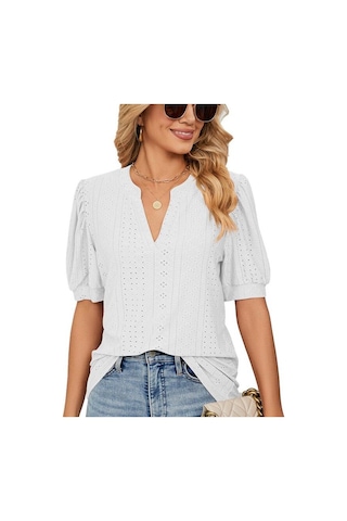 Yaz Katı Dantel Kadın Gömlek Zarif Içi Boş Puf Kısa Kollu Kazak Bluz Kadın Rahat V Yaka Gevşek Kadın Üstleri Blusas 24698 Açık Yeşil