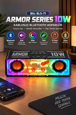 Blic Bls-71 Siyah Armor Series 10w Kablosuz Rgb Bluetooth Hoparlör Tws Tf Kart Desteği