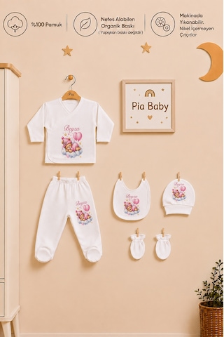 Pia Baby İsim Baskılı Kız Bebek Hastane Çıkışı 5'li Zıbın Seti Penye Bebek Battaniyesi Ve Ham Bez Kıyafet Kesesi 1032bzk3x Ekru
