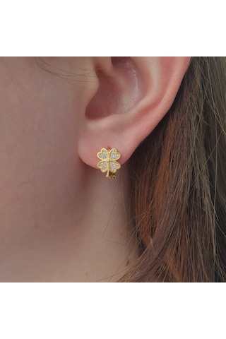 925 Ayar Gümüş Beyaz Taşlı Dört Yapraklı Yonca Gümüş Çocuk Küpesi