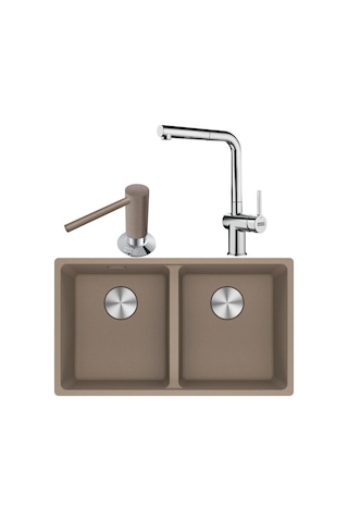 Franke Mrg 120-35-35 Granit Oyster Renk Evye, Actıve Plus Doccıa 2.0 Krom Renk Armatür, Sıvı Sabunluk Oyster Renk Kahverengi