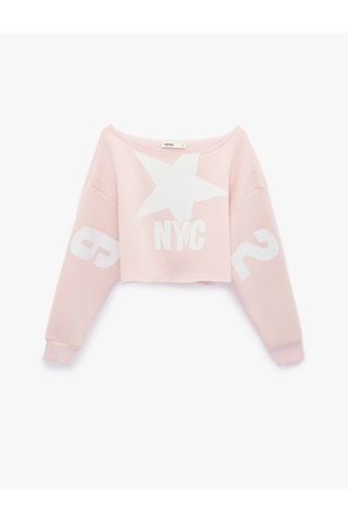 Koton Kayık Yaka Uzun Kollu Baskılı Oversize Crop Sweatshirt Pembe 6sal10178ık Gülkurusu