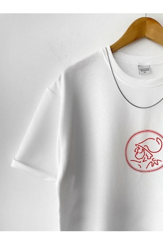 Erkek Ajax Oversize Baskılı Pamuklu Bisiklet Yaka Kısa Beyaz