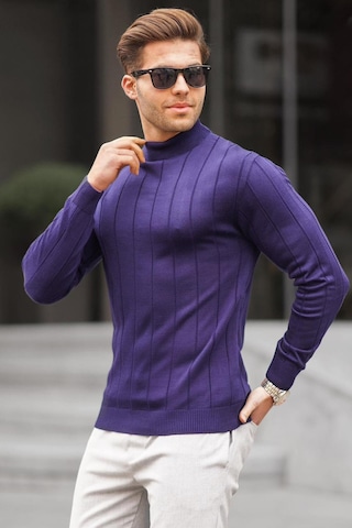 Madmext Lacivert Slim Fit Yarım Balıkçı Yaka Çizgili Tüylenmeyen Erkek Triko Kazak 6344 Lacivert