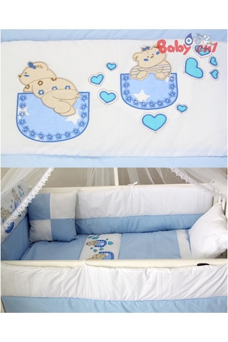 Babyen1 Mavi Ayıcık Bebek Beşik Uyku Seti Anne Yanı %100 Pamuk