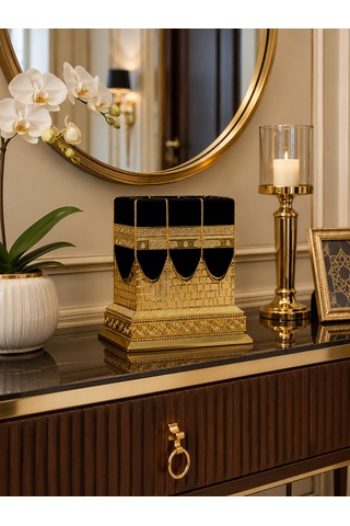 Kudüs Kâbe Biblosu Siyah Gold Kadife Detaylı Dekoratif Kâbe Maketi 15x15 Cm 01