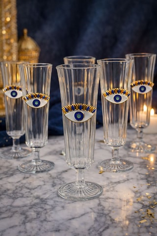 6 Lı Kristal Cam Nazar Göz Kahve Yanı Bardağı Su Bardak 150ml Şeffaf