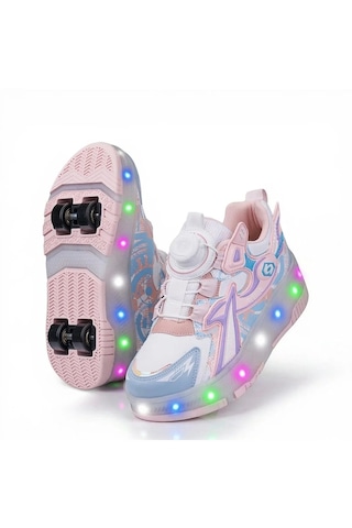 Zacoz Patenli Işıklı 4 Tekerlekli Led Spor Ayakkabı Sneaker Açık Pembe
