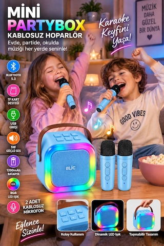 Blic Bls-97 Mavi Partybox Çift Kablosuz Mikrofonlu Rgb Led Işıklı Taşınabilir Bluetooth Hoparlör