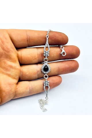 Damla Model Zirkon Ve Oltu Taşı İşçilikli 925 Ayar Gümüş Kadın Bileklik Gümüş