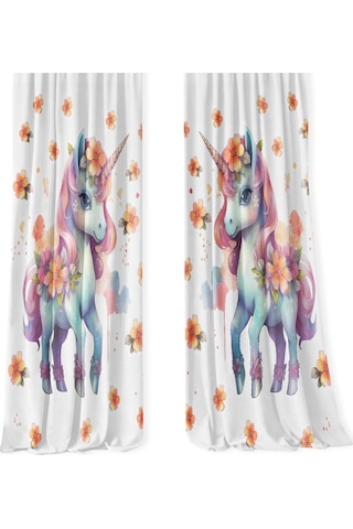 Kız Çocuk Odası Çift Kanatlı Fon Perde Çiçekli Unicorn Desenli
