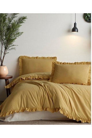 Oksit Sarı % 100 Pamuk Fırfırlı Keten Çift Kişilik Nevresim Takımı 200 X220 Sarı