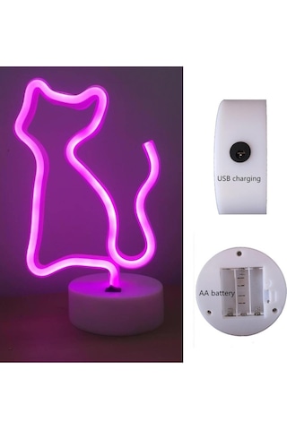 Eşe Sevgiliye Güzel Romantik Hediye Neon Işıklı Kedi Lamba Usb Ka Pembe