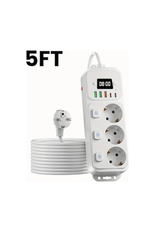 Beyaz 5 Ft 9-in-1 Usb Tischsteckdose, Anahtarlar İle, Type-c, Splitter, Eck-design, 1.5/3 Metre Kablo, Aşırı Gerilim Koruması, Ev Ofisi İçin