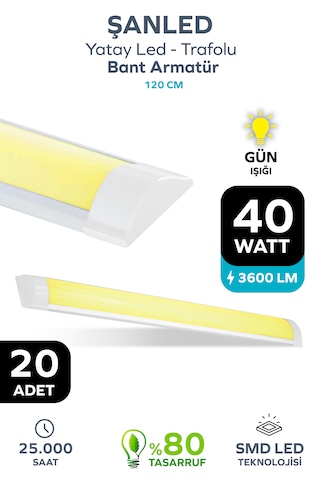 120 Cm 40 Watt Yatay Led Bant Armatür-trafolu Gün Işığı-20 Adettir