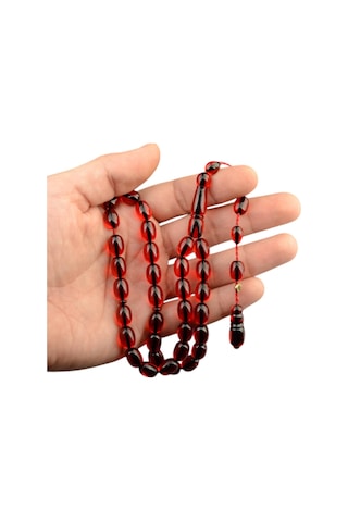 Sistem Püsküllü 11x8mm Kapsül Kesim İmzalı Ateş Kehribar Tesbih Kırmızı
