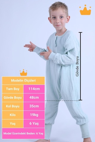 Babyhola Çocuk Mevsimlik Uyku Tulumu 2-8 Yaş 1 Tog 4 Kat Müslin Uzun Kollu Uyku Tulumu Mint Yeşil
