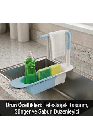 Cx7evy02 Teleskopik Evye Düzenleyici Ayarlanabilir Lavabo Organizer Sepetli Raf Mavi
