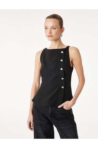 Koton Hafif Peplum Kesim Bisiklet Yaka Kalpli Düğme Detaylı Yelek Siyah 6sak60190pw Siyah