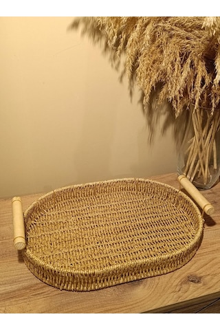 Hasır Rattan Bambu Kulplu Örme Tepsi Orta Boy Oval Diğer
