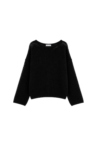 Vadon 1038 Kadın Ajurlu Oversize Düşük Omuz Triko Kazak Siyah