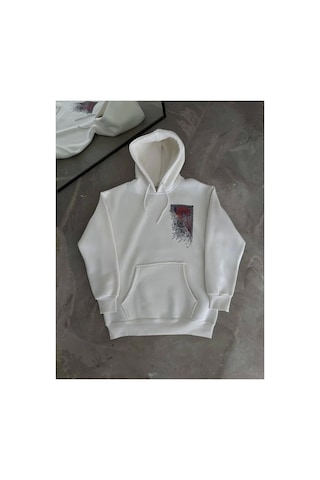 Butik İstanbul Uzun Kol Kapşonlu Ön Ve Arka Baskılı Sweatshirt - Beyaz