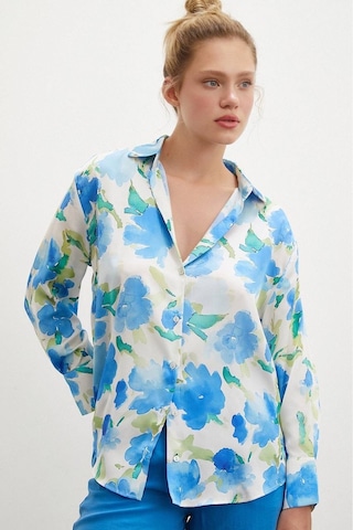 Kadın Uzun Kol Desenli Renkli Pamuk Saten Premium Kalite Spor Şık Gömlek Mavi
