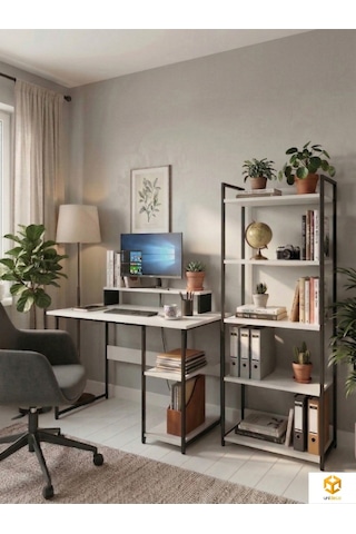 Vien 2 Set Kitaplıklı Masa Raflı Çalışma Masası 5 Raflı Kitaplık Monitör Yükseltici Siyah - Beyaz