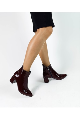 Hakiki Deri Bordo Rugan Fermuarlı Kalın Topuk Kadın Bot Bordo