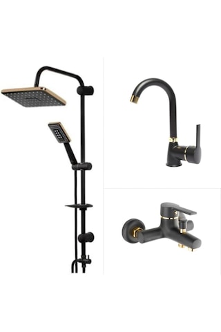 Faumix Kav6671120 Lavabo Ve Banyo Bataryası Ve Tepe Duş Seti Siyah Gold Siyah