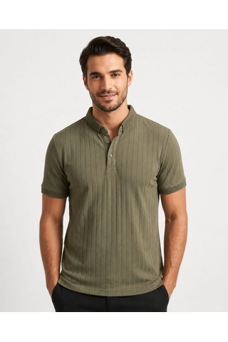 Özeniş Erkek Polo Yaka Slim Fit Çizgili Desen Kaşkorse T-shirt Haki