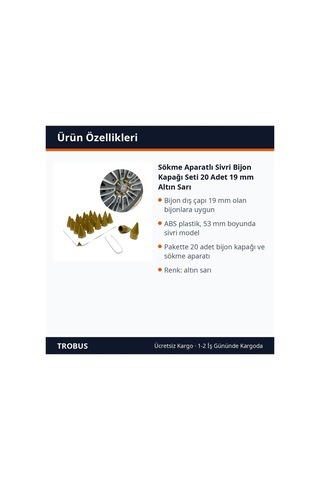 Trobus Sökme Aparatlı Sivri Bijon Kapağı Seti 20 Adet 19 Mm Altın Sarı