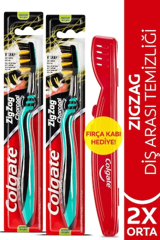 Colgate Zigzag Charcoal Diş Arası Temizliği Orta Diş Fırçası 2'li + Diş Fırçası Kabı