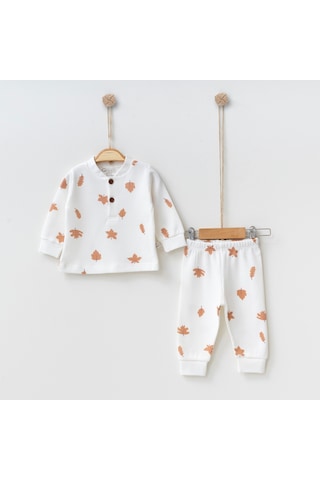 Kız - Erkek Bebek Yaprak Desenli 2'li Takım Organik Pamuk Takım Beyaz