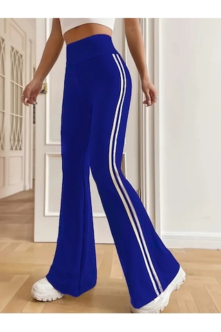 Supplierby Kadın Yüksek Bel Yanlar Şerit Detaylı Ispanyol Paçalı Dalgıç Pantolon Saks Mavi