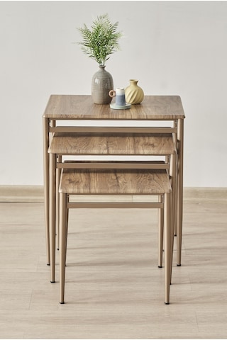 Damrin Serisi Traverten Desen 1. Sınıf Mebran Mdf 3 Lü Zigon Sehpa Takımı Ceviz Desen - Bronz Ayak